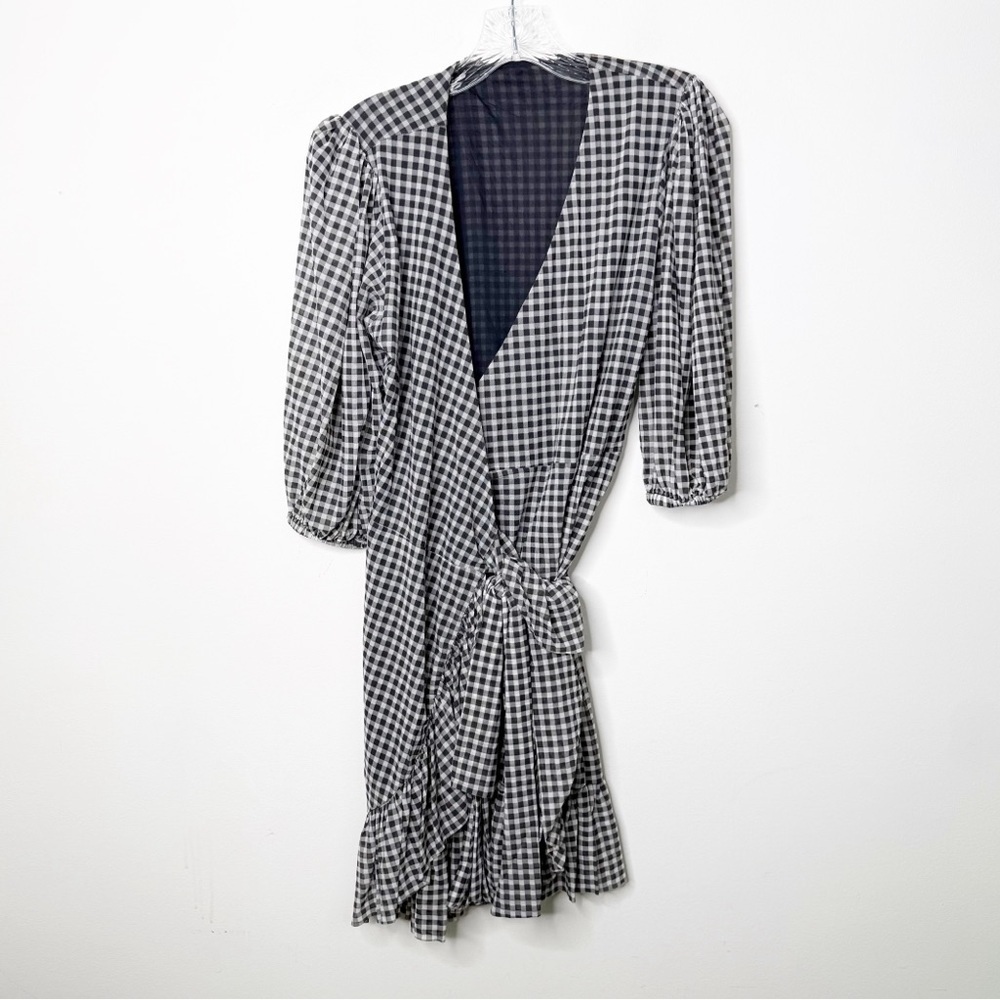 GANNI | Black Gray and White Checkered Gingham Mini Wrap Dress Sz 38 or a Medium - Picture 2 of 8
